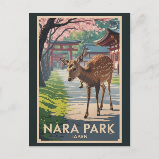 奈良公園 日本 鹿 イラスト 旅行 アート レトロ ポストカード (正面)