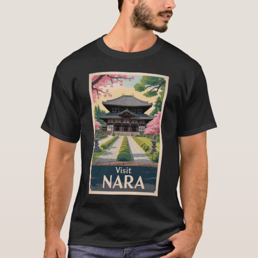 奈良 日本 イラスト 旅行 アート ヴィンテージ Tシャツ (正面)