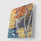 奥入瀬の秋、Oirase、Hasui Kawaseの木版画の秋 スクエア壁時計 (傾斜)