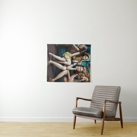 女おもしろいの子の友達の分隊とモナ・リサ タペストリー (インサイチュ(横))