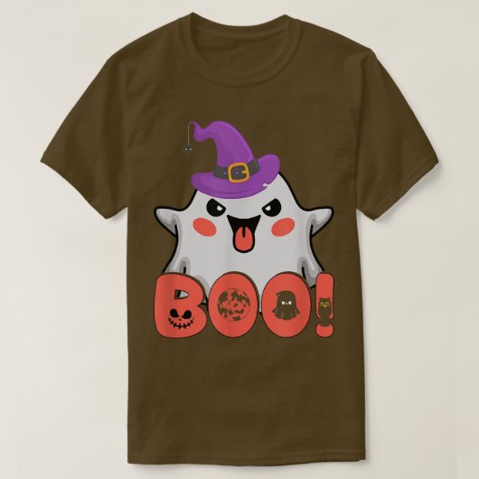 女おもしろいの子の男の子のための幽霊魔女ハットでブー Tシャツ (デザイン正面)
