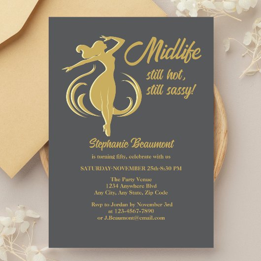 女おもしろい性金ゴールド中生まだ暑い50誕生日 招待状