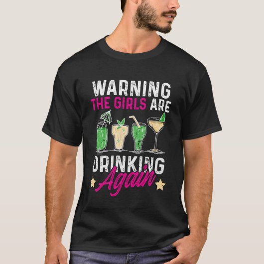 女おもしろい警告の子は再びプルラブを飲んでいる Tシャツ (正面)