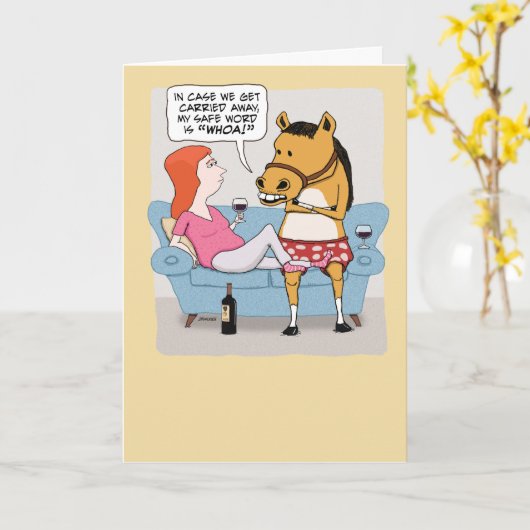 女おもしろい馬ワイン誕生日 カード (黄色い花)