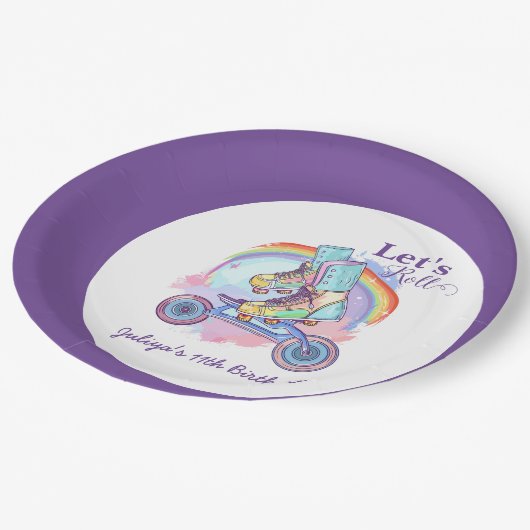 女お洒落の子ローラスケートで滑る紫誕生日 ペーパープレート (アングル)