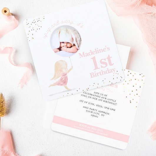 女お洒落の子1歳の誕生日赤面ピンクの金ゴールド写真 招待状
