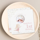 女お洒落の子1歳の誕生日赤面ピンクの金ゴールド写真 招待状
