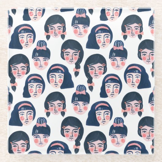 女お洒落性：漫画顔アート ガラスコースター (正面)