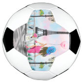 女かわいらしとピンクのハートバルーン – 私はパリが大好き サッカーボール (回転)