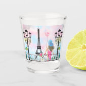 女かわいらしとピンクのハートバルーン – 私はパリが大好き ショットグラス (正面)