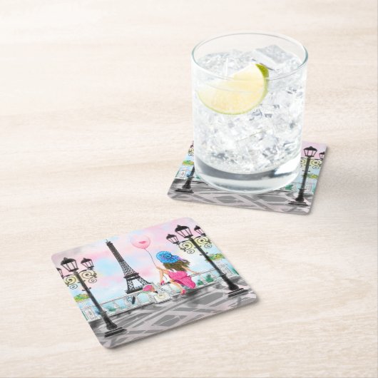 女かわいらしとピンクのハートバルーン – 私はパリが大好き スクエアペーパーコースター (インサイチュ)