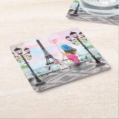 女かわいらしとピンクのハートバルーン – 私はパリが大好き スクエアペーパーコースター (アングル)