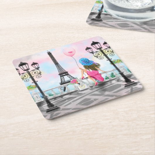 女かわいらしとピンクのハートバルーン – 私はパリが大好き スクエアペーパーコースター (アングル)