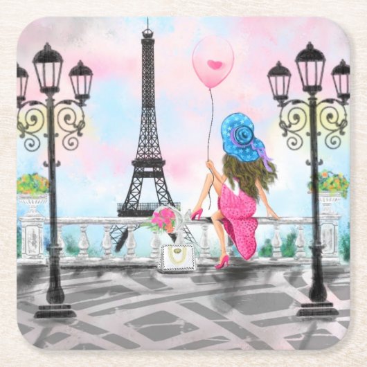 女かわいらしとピンクのハートバルーン – 私はパリが大好き スクエアペーパーコースター (正面)