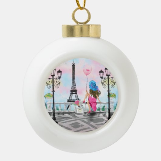 女かわいらしとピンクのハートバルーン – 私はパリが大好き セラミックボールオーナメント (正面)