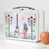 女かわいらしとピンクのハートバルーン – 私はパリが大好き メタルランチボックス (インサイチュ)