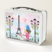 女かわいらしとピンクのハートバルーン – 私はパリが大好き メタルランチボックス (裏面)