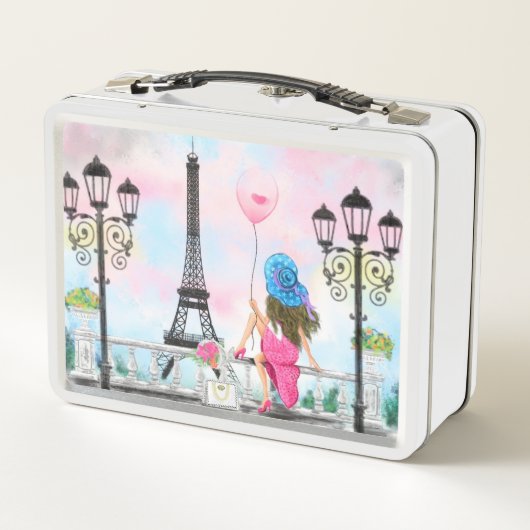 女かわいらしとピンクのハートバルーン – 私はパリが大好き メタルランチボックス (裏面)