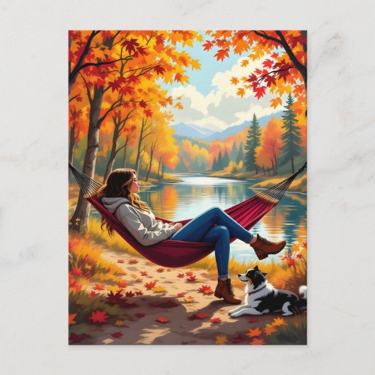女かわいらしと犬の秋の景色 ポストカード (正面)