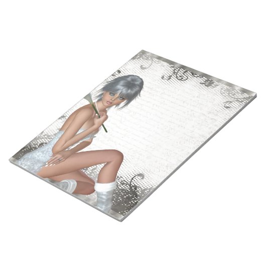 女かわいらしと銀のダマスク ノートパッド (アングル)