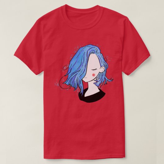 女かわいらしの子の短い髪型フルブルー Tシャツ (デザイン正面)
