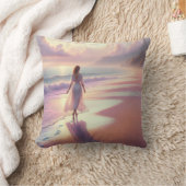 女かわいらしの離れビーチ上の足跡 クッション (ブランケット)