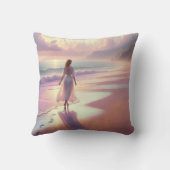 女かわいらしの離れビーチ上の足跡 クッション (裏面)