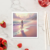 女かわいらしの離れビーチ上の足跡 スタンダードカクテルナプキン (インサイチュ)