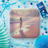 女かわいらしの離れビーチ上の足跡 ペーパープレート (パーティー)