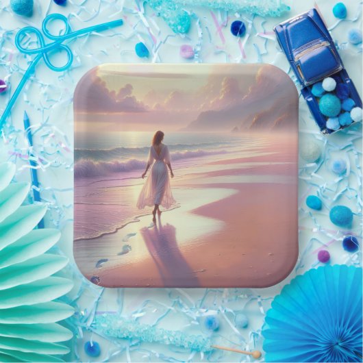 女かわいらしの離れビーチ上の足跡 ペーパープレート (パーティー)