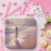 女かわいらしの離れビーチ上の足跡 ペーパープレート (パーティー)