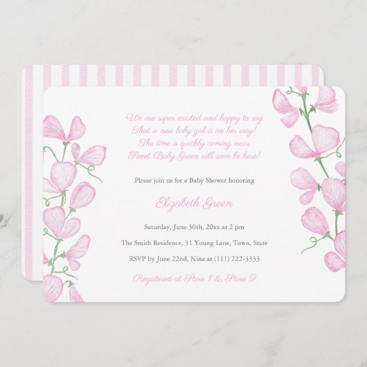 女かわいらし児用ピンク水色フローラベビーシャワー 招待状 (正面/裏面)