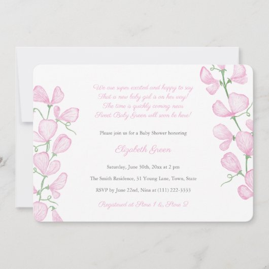 女かわいらし児用ピンク水色フローラベビーシャワー 招待状 (正面)