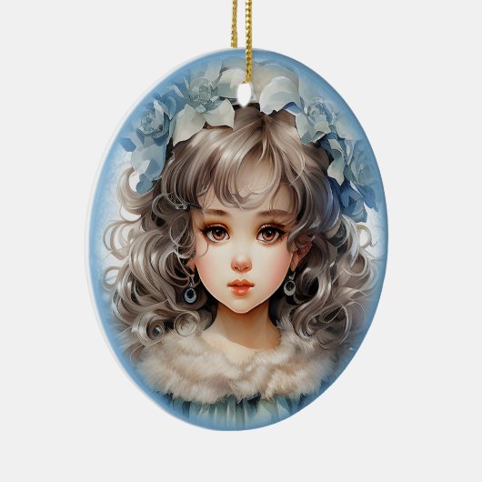 女かわいらし子人形の古いファッションドポートレートと花 セラミックオーナメント (右)