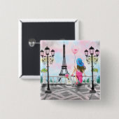 女かわいらし性インパリスボタンとエッフェルタワー 缶バッジ (正面&裏面)