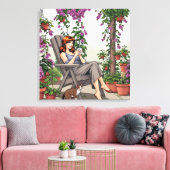女かわいらし性コーヒー、犬と植物を飲む キャンバスプリント (インサイチュ (リビング))