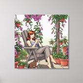 女かわいらし性コーヒー、犬と植物を飲む キャンバスプリント (正面)