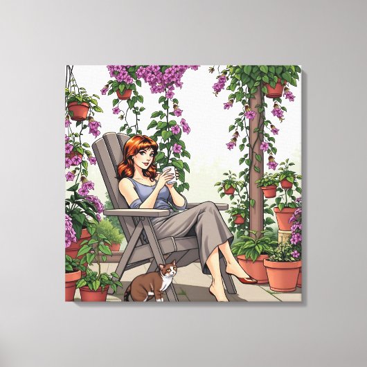 女かわいらし性コーヒー、犬と植物を飲む キャンバスプリント (正面)