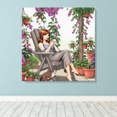 女かわいらし性コーヒー、犬と植物を飲む キャンバスプリント (インサイチュ (ウッドフロア))