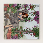 女かわいらし性コーヒー、犬と植物を飲む ジグソーパズル (横)