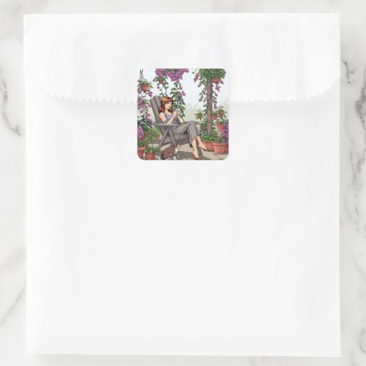 女かわいらし性コーヒー、犬と植物を飲む スクエアシール (バッグ)