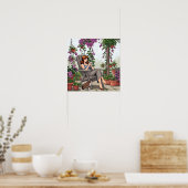 女かわいらし性コーヒー、犬と植物を飲む ポスター (キッチン)