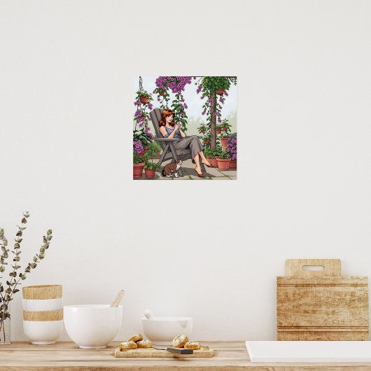 女かわいらし性コーヒー、犬と植物を飲む ポスター (キッチン)