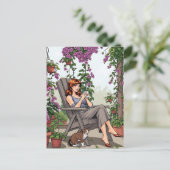 女かわいらし性コーヒー、犬と植物を飲む ポストカード (スタンド正面)