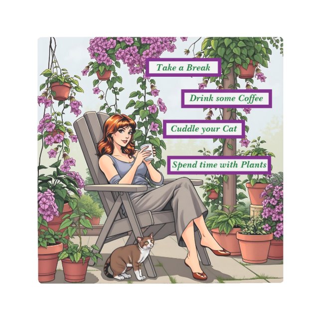 女かわいらし性コーヒー、犬と植物を飲む メタルプリント (正面)