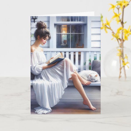 女かわいらし猫誕生日 カード (黄色い花)