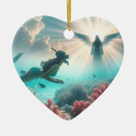 女がかわいらしシュノーケリング中に天使を見つける セラミックオーナメント (正面)