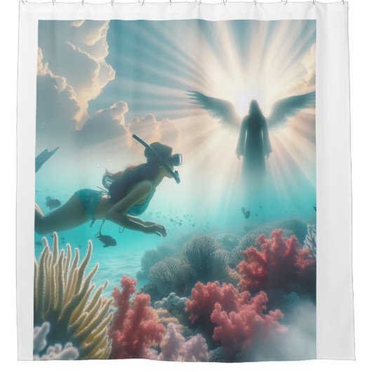 女がシュノーケリング中に天使を見る シャワーカーテン (正面)