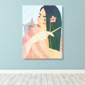 女が長い髪を櫛で拭く キャンバスプリント (インサイチュ (ウッドフロア))