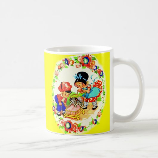 女と男の子と子猫と子犬 コーヒーマグカップ (右)